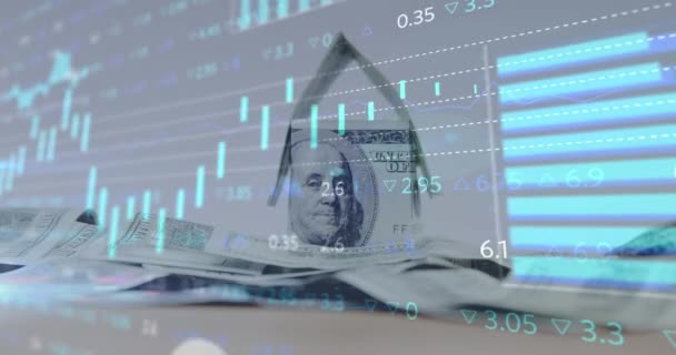 Animace Zpracování Finančních Dat Přes Dům Americkými Dolarovými Bankovkami Globální — Stock video