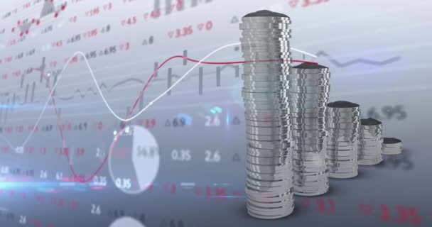 Animação Processamento Dados Financeiros Sobre Pilhas Moedas Prata Conceito Global — Vídeo de Stock