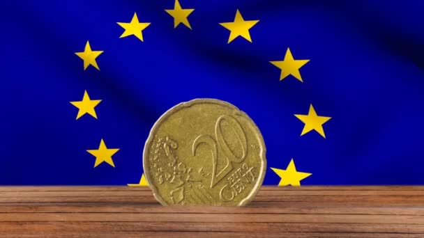 Анимация Обработки Финансовых Данных Над Флагом Европейского Союза Монетой Евро — стоковое видео