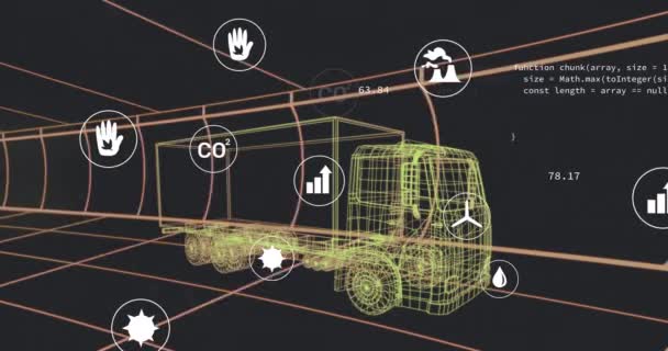 Animacja Wielu Ikon Cyfrowych Ponad Modelu Ciężarówki Poruszających Się Płynny — Wideo stockowe