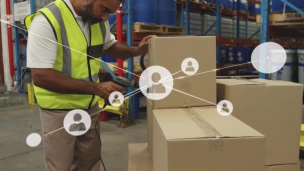 Animation Connected Profile Icons Biracial Man Scanning Barcode Boxes Warehouse — Stock Video