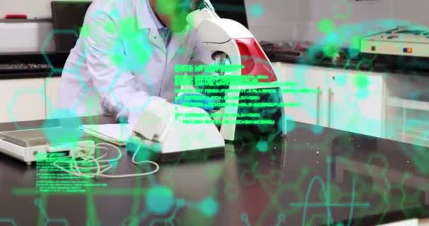 Bilgisayar Dili Molekül Yapısının Mikroskop Kullanılarak Melez Bilim Adamları Üzerinde — Stok video