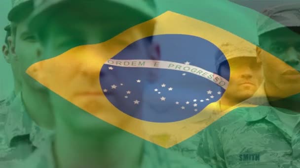 Animatie Van Vlag Van Brazilië Diverse Mannelijke Soldaten Patriottisme Strijdkrachten — Stockvideo