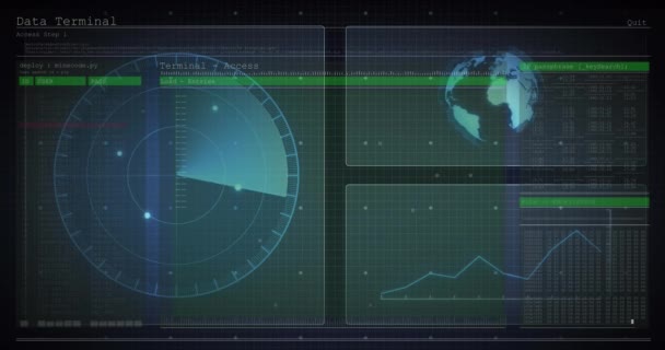 Animation Von Hud Interface Bildschirmen Mit Grafik Radar Globus Und — Stockvideo