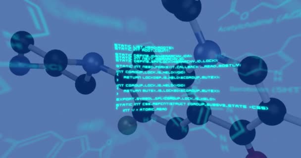 分子構造とプログラミング言語を抽象的な背景でアニメーションする デジタル複合 コーディング データ処理 モデル 科学実験 — ストック動画