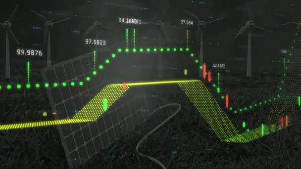 Animacja Wielu Wykresów Zmieniającą Się Liczbą Paneli Słonecznych Wiatraków Zielonym — Wideo stockowe