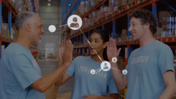 Animation Network Connections Icons Diverse Volunteers Working Warehouse Global Shipping — Stock Video