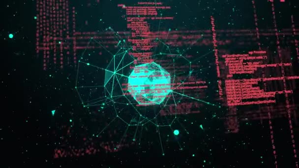 ブラックバックに対して回転する抽象的な幾何学的な形状上のデータ処理のアニメーション コンピュータインターフェースとビジネス技術のコンセプト — ストック動画