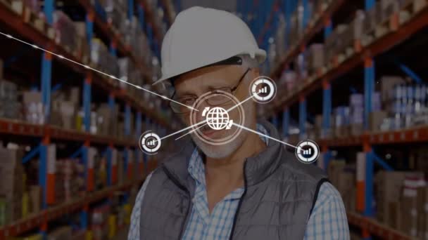 Animation Network Connections Icons Caucasian Man Working Warehouse Global Shipping — Stock Video