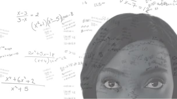 Animação Equação Matemática Sobre Mulher Afro Americana Contra Fundo Branco — Vídeo de Stock