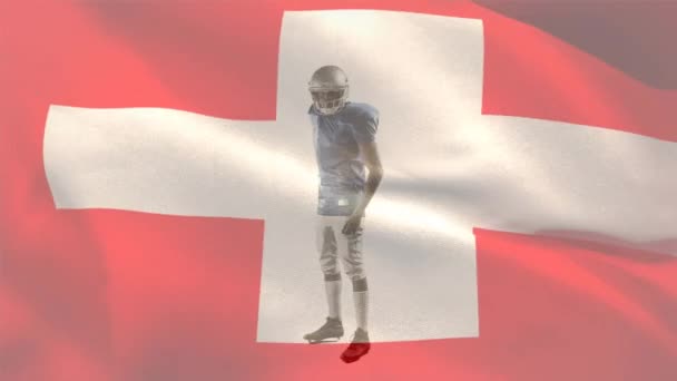 Animacja Afrykańskiego Mężczyzny Rugby Stojącego Nad Flagą Szwajcarskiej Szwajcarki Cyfrowy — Wideo stockowe