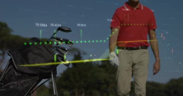 Animación Procesamiento Datos Financieros Sobre Jugador Golf Masculino Caucásico Deportes — Vídeo de stock