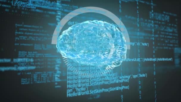Animering Snurrande Mänsklig Hjärna Över Runda Scanner Mot Databehandling Svart — Stockvideo