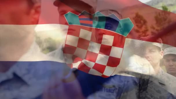 Animação Bandeira Croácia Sobre Diversos Soldados Sexo Masculino Patriotismo Forças — Vídeo de Stock
