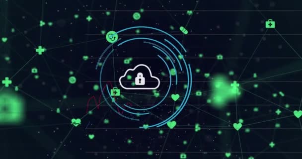 Animacja Przetwarzania Danych Chmurze Ikonie Kłódki Koncepcja Globalnego Bezpieczeństwa Cybernetycznego — Wideo stockowe