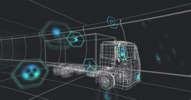 Animación Múltiples Iconos Digitales Sobre Modelo Camión Que Mueve Patrón — Vídeo de stock