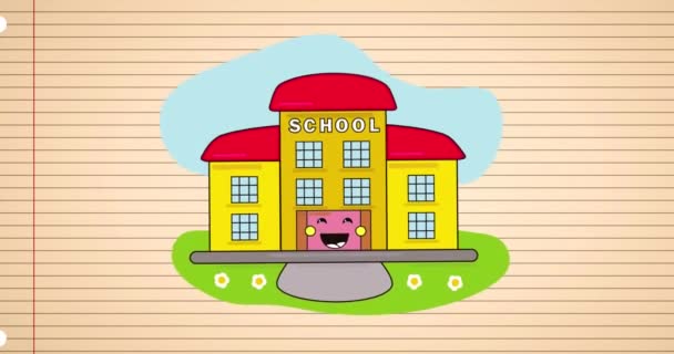 Animação Texto Escola Sobre Desenho Casa Sorridente Sobre Página Livro — Vídeo de Stock