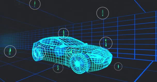 Animacja Wielu Ikon Cyfrowych Ponad Modelu Samochodu Poruszającego Się Płynnym — Wideo stockowe
