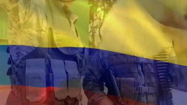 Animacja Flagi Kolumbii Nad Różnymi Żołnierzami Płci Męskiej Patriotyzm Siły — Wideo stockowe