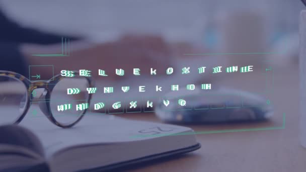 动画虚拟键盘数据处理与眼镜在开放的书籍上木制桌子 计算机接口和商业技术概念 — 图库视频影像