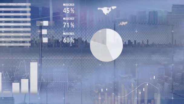 Animação Processamento Dados Estatísticos Sobre Cerca Arame Farpado Contra Vista — Vídeo de Stock