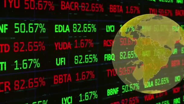 Animatie Van Globe Trading Board Rasterpatroon Tegen Zwarte Achtergrond Digitaal — Stockvideo