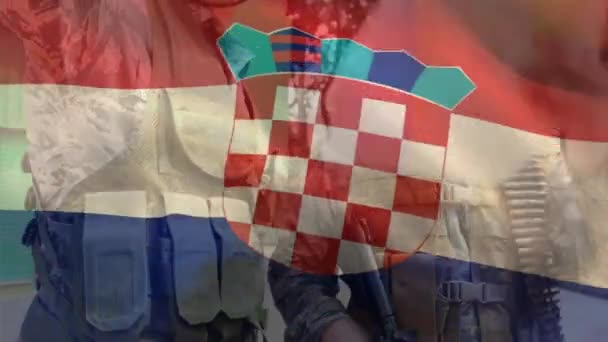 Animação Bandeira Croácia Sobre Diversos Soldados Sexo Masculino Patriotismo Forças — Vídeo de Stock