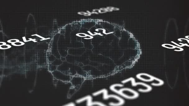 Анимация Нескольких Изменяющихся Чисел Над Вращающимся Человеческим Мозгом Цифровой Волной — стоковое видео