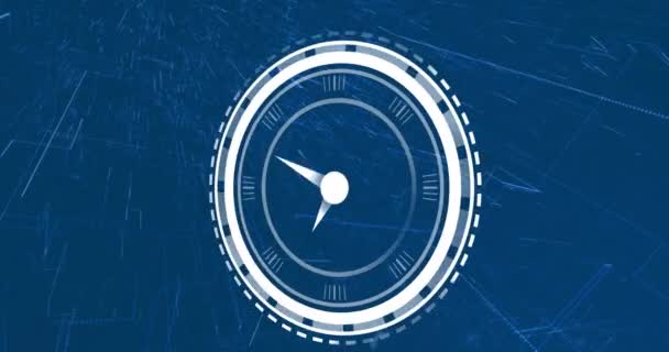 時計のアイコン ライトトレイル 青い背景に対するデータ処理のアニメーション コンピュータインターフェースとビジネス技術のコンセプト — ストック動画