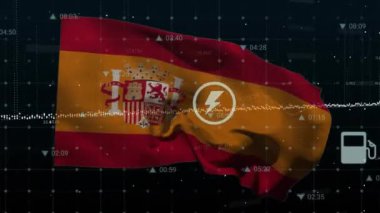 Animation of financial data processing over flag of spain. Global business, finances, computing and data processing concept digitally generated video.