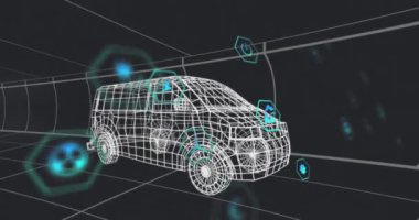 3D Van Modeli üzerinde birden fazla dijital simge tünelde kusursuz bir şekilde hareket ediyor. Otomobil mühendisliği ve sürdürülebilir enerji kavramı