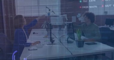 Animation of financial data processing over diverse business people in office. Global business, finances, computing and data processing concept digitally generated video.
