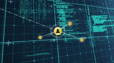 Animation of network of digital icons and data processing against blue background. Global networking and business technology concept