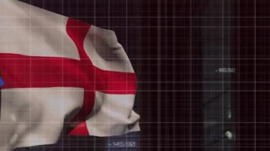 Animation of financial data processing over flag of england. Global business, finances, computing and data processing concept digitally generated video.