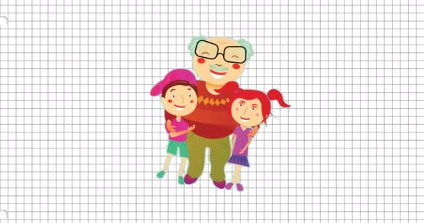 Animation Drawing Grandfather Hugging Grandchildren Grid Pattern White Background Digitally — Stock Video
