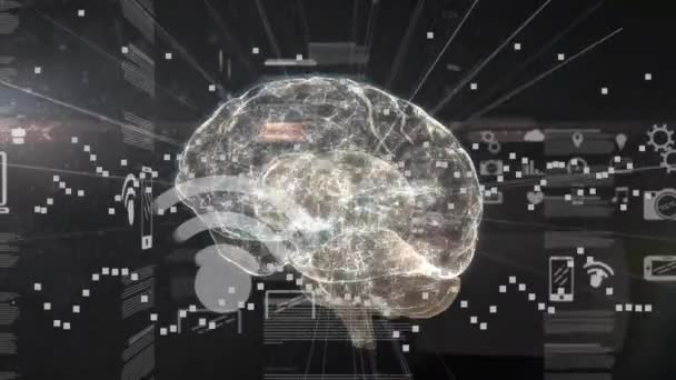 Animacja Wirującego Ludzkiego Mózgu Przebieg Danych Światło Czarnym Tle Koncepcja — Wideo stockowe