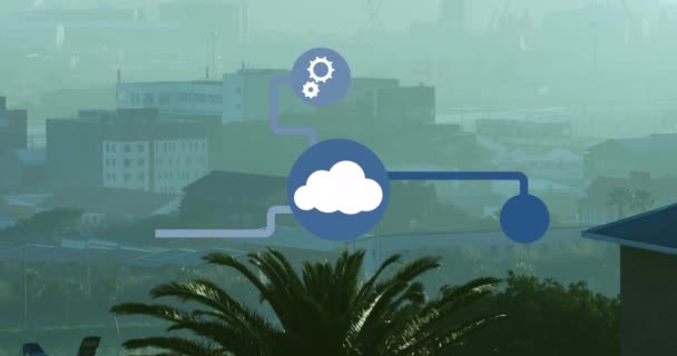 Анімація Іконок Течуть Туману Покриває Сучасний Міський Пейзаж Тлі Неба — стокове відео