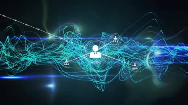 ブラックバックグラウンド上の青いデジタル波とライトトレイル上のプロファイルアイコンのネットワークのアニメーション グローバルネットワーキングとビジネス技術コンセプト — ストック動画
