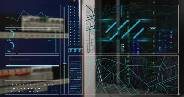 グラフ データサーバーラック上のプログラミングデータによるハドスクリーンのアニメーション デジタル複合 ネットワーキング データセンター セキュリティ テクノロジー ナビゲーション ビジネス レポート — ストック動画