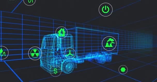 Animacja Wielu Ikon Cyfrowych Ponad Modelu Ciężarówki Poruszających Się Płynny — Wideo stockowe