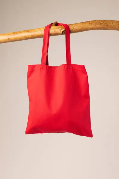 Red Canvas Bag Hanging Wooden Branch Copy Space White Background — Stock Photo, Image