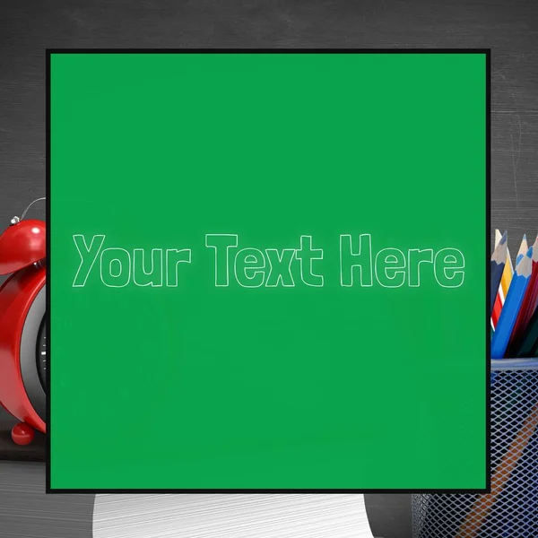 Composition of your text here over alarm clock and pencils. Stationery, office, education and writing background concept digitally generated image.