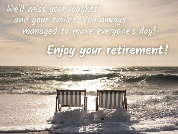 Composite Enjoy Your Retirement Text Deckchairs Sun Setting Sea Retirement — Stock Photo, Image