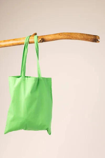 Grön Duk Väska Hängande Från Trä Gren Med Kopieringsutrymme Vit — Stockfoto