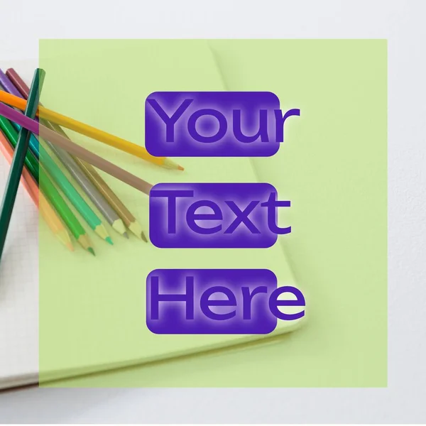 Composición Texto Aquí Sobre Cuaderno Lápices Colores Papelería Oficina Educación —  Fotos de Stock