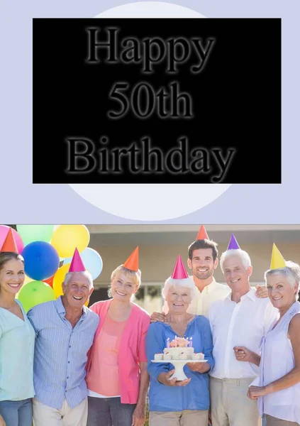 Composite Happy 50Th Birthday Text Caucasian People Party Hats Birthday — Stock Photo, Image