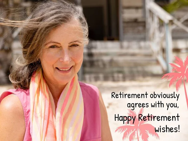 Composite Happy Retirement Text Happy Senior Caucasian Woman Retirement Wishes — Stock Photo, Image