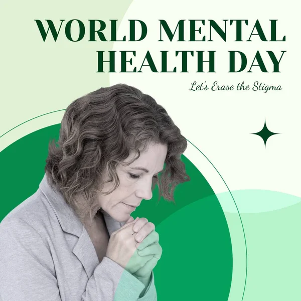 世界の精神保健デーのテキストの構成 悲しい白人女性について メンタルヘルスデー うつ病 メンタルヘルス意識コンセプトデジタル生成画像 — ストック写真