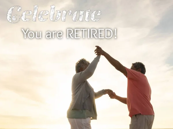 Composite Celebrate You Retired Text Happy Senior Biracial Cople Retirement — Stock Photo, Image