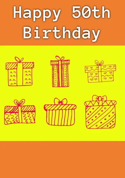 Boldog Születésnapi Szöveg Szülinapi Ajándékok Keveréke Sárga Háttérrel Ötvenedik Születésnap — Stock Fotó